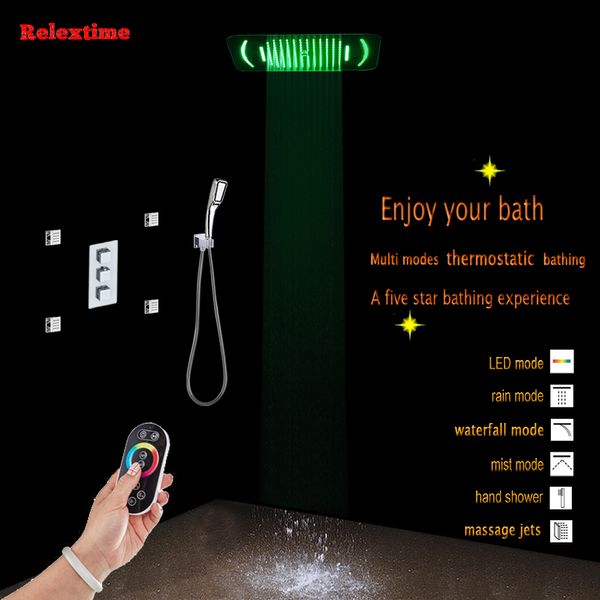Panel de ducha de baño oculto Mezclador termostático multifunción Grifo Boquilla Luz LED Techo Cabezal de ducha Lluvia Cascada Chorros de masaje brumoso
