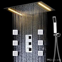 Juego de grifos de ducha de baño de lluvia grande de techo Conealed, cabezal de ducha de masaje LED eléctrico, válvula mezcladora termostática/ducha de mano