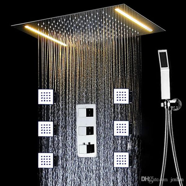Ensemble de robinets de bain-douche à grande pluie, plafond conealé, pomme de douche de Massage électrique à LED, mitigeur thermostatique/douchette à main