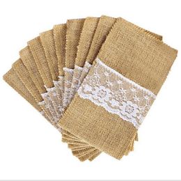 Confetti 100 stcs 4 x 8 inch Natuurlijke jute uistensilhouders messen vorktas tas bestek Pouch Party Bridal douche bruiloft tafelwerkzakken gunsten