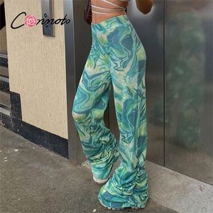 Conmoto vert cravate colorant Y2K pantalon empilé Vintage imprimé pantalon streetwear taille haute droite mode 220325