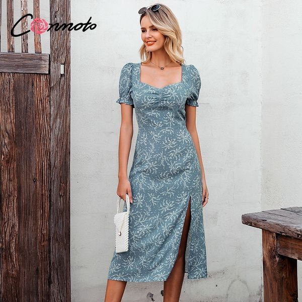 Conmoto Women Vintage Print Square Collar Abito lungo Summer Casual Puff Sleeve Party Maxi Dress Ladies Elegant Slim Split Dress T200604