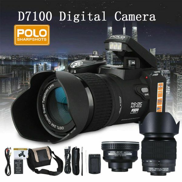 Conectores 24x Zoom óptico HD Cámara digital D7100 33 millones de píxeles Auto Focus Profesional Cámara de video DSLR Tres lentes al aire libre