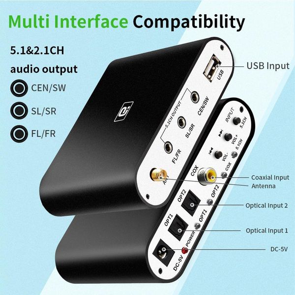 Conectores Da615 5.1ch Decodificador de audio Bluetooth 5.0 Reciever Dac Adaptador de audio inalámbrico Óptico Coaxial Aux USB Disco Play Dac Dts Ac3 Flac