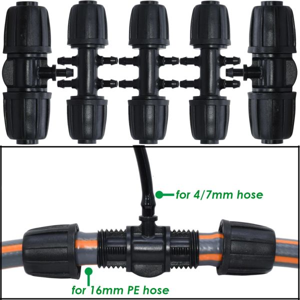 Conectores KESLA Conector T de manguera de 16 mm a 4/7 mm con bloqueo de rosca Adaptador de agua para riego de flores de jardín Tubo de PE a junta de microtubo de 1/4''