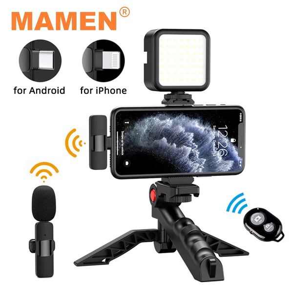 Connecteurs Mamen Vlogging Kit Équipement Trépied Téléphone de téléphone sans fil 2.4g sans fil pour l'iPhone Android Smartphone Tablet SLR