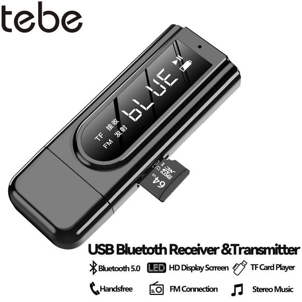 Conectores Tebe Fm Estéreo Bluetooth 5.0 Receptor Transmisor con Tf Solt Pantalla Lcd Aux Adaptador De Audio Inalámbrico USB Dongle Para Pc Auriculares