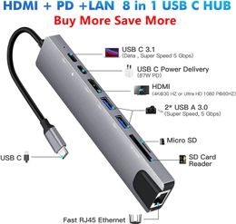 Connectoren USB C Hub 8 in 1 Type C 3.1 tot 4K HDMI -adapter met RJ45 SD/TF -kaartlezer PD Snelle kosten voor MacBook Notebook Laptop Computer