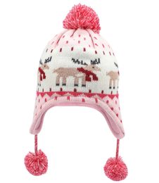 Connectyle garçons filles mignon dessin animé cerf chaud bonnet automne hiver crâne casquette coton tricot polaire doublé enfants oreillette chapeau avec pompon 240309