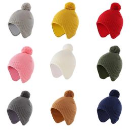 Connectyle garçons filles mode couleur unie hiver chaud chapeau polaire doublé oreillette enfants bonnet avec pompon 240311