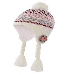 Connectyle mignon enfant en bas âge filles chaud hiver crâne chapeaux polaire doublé fleur tricot enfants oreillettes chapeau avec pompon 240311