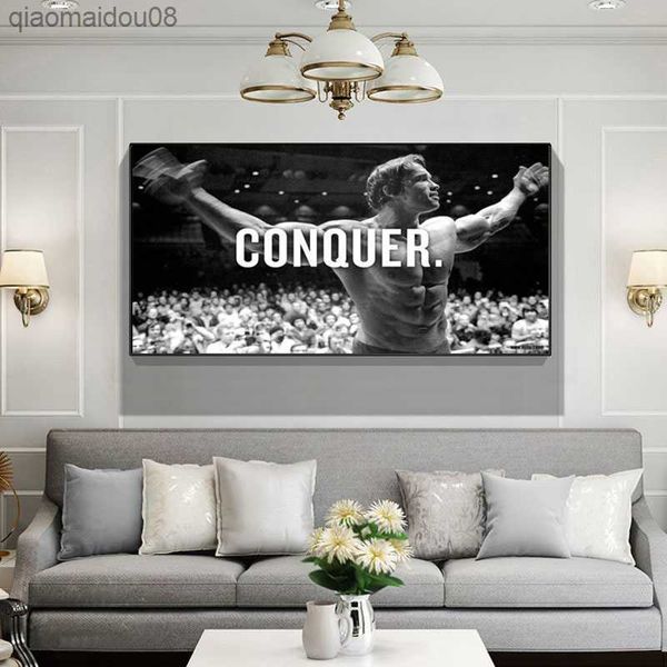 CONQUER Arnold Schwarzenegger Bodybuilding Motivation Citation Art Affiche Imprimer Mur Photo Peinture pour Salon Home Decor L230704