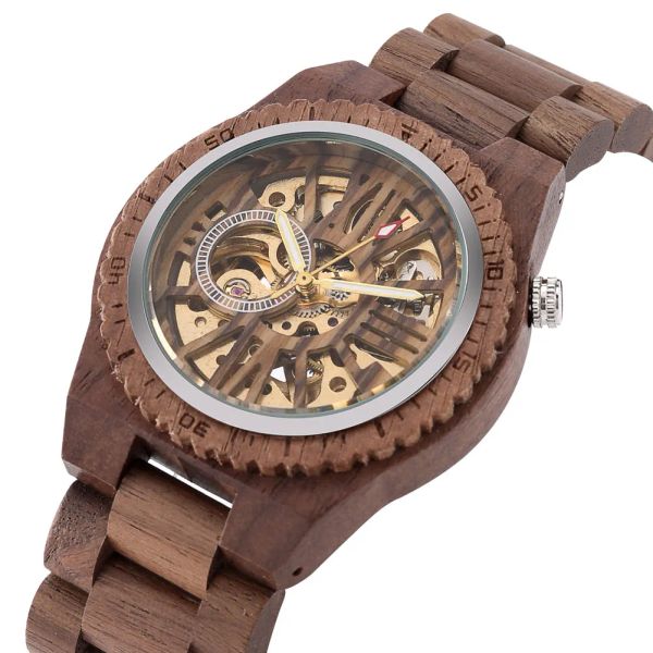 Consolas Relojes mecánicos automáticos para hombres Pulsera de madera de nogal natural Reloj de pulsera de cuerda automática Cierre plegable Reloj de madera para hombre 2021 Reloj