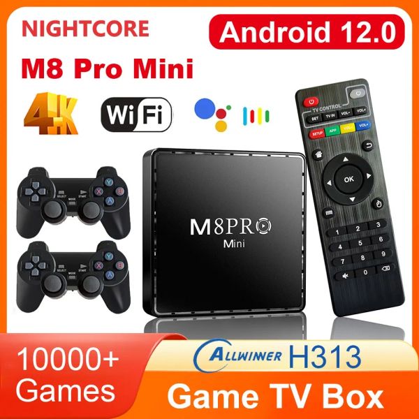 Consoles Night M8 Pro Mini Box Box 4K HD 10000 Retro Games H313 TV Box Android 12 WiFi Video Game Console Dual System TV Média Player