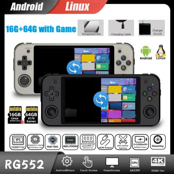 Consolas RG552 Consola de Juegos con Pantalla táctil de Pantalla Grande 16G + 64G 5.36 Pulgadas IPS 1920X1152 Sistemas duales Android Linux (A, Enchufe de la UE)