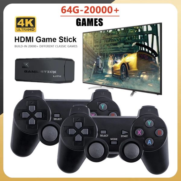 Consolas Videojuego Stick Lite 4K HDMI Consola de videojuegos 64GB Controlador inalámbrico doble para más de 20000 juegos retro Caja Regalo de Navidad para niños