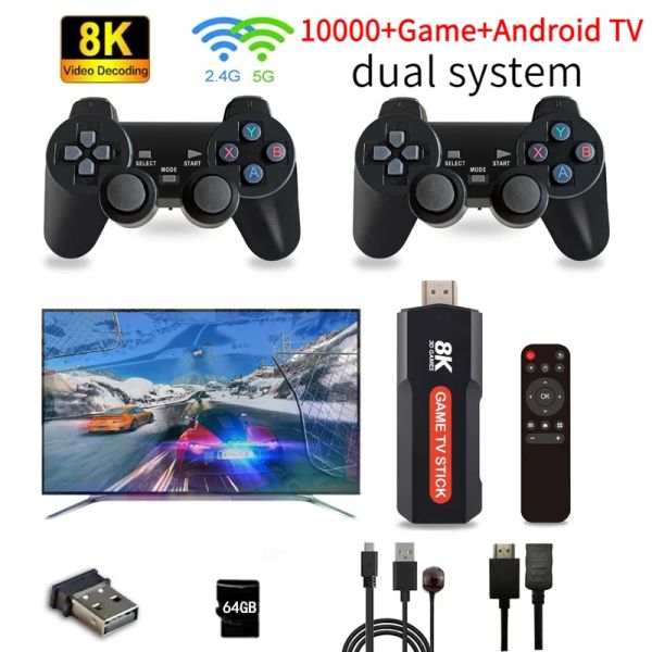 Consoles x2 jeu Stick Amlogic S905 Console de jeu vidéo rétro double système Android 12 HD 8K GBA N64 Dual WiFi 4G 5G 64GB 10000 Smart Game
