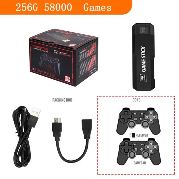 Consoles X2 Game Stick Console de jeu portable avec double poignée 4K Gd10 Sortie HD TV 2.4G pour N64 256GB 50000 jeux