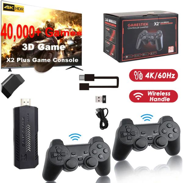 Consolas x2 Plus Gamestick 4K HD 40000 Juegos Consolas de videojuegos Juegos 3D TV Sticks 40+ Simuladores para N64/PSP con controlador inalámbrico