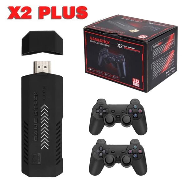 Consoles X2 + X2 PLUS Game Stick Console de jeu vidéo deux contrôleurs sans fil 64GB/128GB 40000 jeux gratuits jeux rétro pour PSP/PS1/MAME