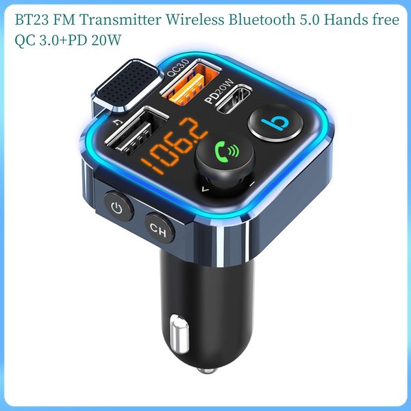 consume electronics BT23 Transmetteur FM sans fil Bluetooth 5.0 Kit mains libres pour voiture Lecteur audio MP3 avec chargeur rapide Type-C PD 20W + QC3.0