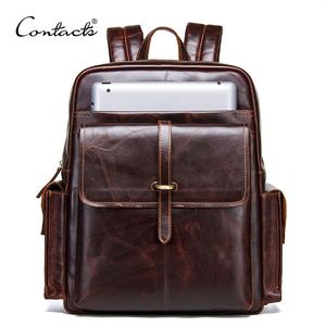 Contact van 100% Cowhide Leather Men's Backpack voor 13 inch laptop echte lederen bagpack casual mannelijke daypacks grote trav250B