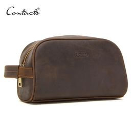 Sac cosmétique de contact petit pour hommes Crazy Horse Cuir Vintage Vintage Bag Sac de voyage Black Handd Up Making Wash Sacs Male 267C