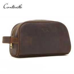 Bolsa cosmética de contacto Pequeño para hombres Crazy Horse Cuero Vintage Touretry Back Bag Black Travel Bag Hand Up Lave M270K