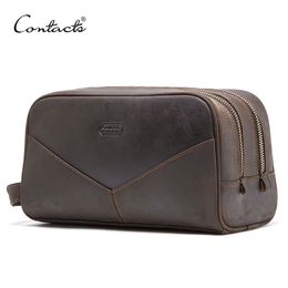 CONTACT'S crazy horse en cuir véritable hommes sac cosmétique voyage trousse de toilette grande capacité sacs de lavage homme sacs de maquillage organisateur 240116