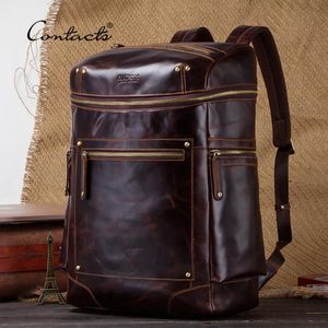 Mochila de cuero Crazy Horse de CONTACT'S, bolso de hombro Vintage para hombres, mochilas de viaje de gran capacidad, Mochila para ordenador portátil de 13,3 pulgadas