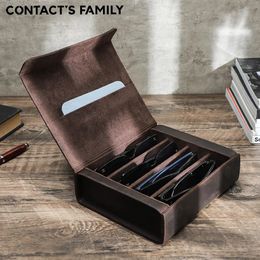 CONTACT'S FAMILY Caja de almacenamiento de gafas de sol de cuero genuino con 4 ranuras, caja de vidrio portátil de viaje Retro hecha a mano con hebilla magnética 231229