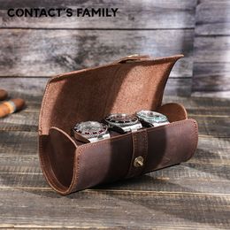 Contact's Family Luxury Handmade Watch Roll Box Organizer 3 Slots kijken Travel Leather Case Holder voor mannen en vrouwen met gesp