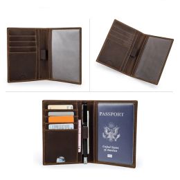 Soportes de pasaporte de contacto Hombres Genuine Leather Thin Id Card Tarjeta de identificación para pasaportes Vintage Passport Cover Billet de viaje Crazy Horse