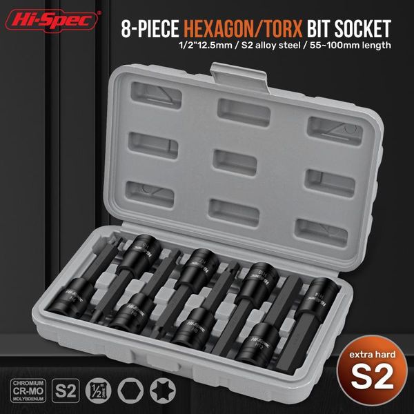 Contactdozen HiSpec 8pc 1/2 jeu de douilles hexagonales Extra longues outil adaptateur de douille H414mm pour clé à douille dynamométrique Hex Torx avec boîtier gris