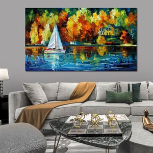 Het eigentijdse Abstracte Huis van de Canvaskunst van het Meer Cityscape Olieverfschilderij Met de hand gemaakt Modern Pub Bar Decor