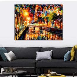 Lienzo contemporáneo, arte de pared, luces y sombras de Ámsterdam, pintura de paisaje hecha a mano, decoración de casa nueva