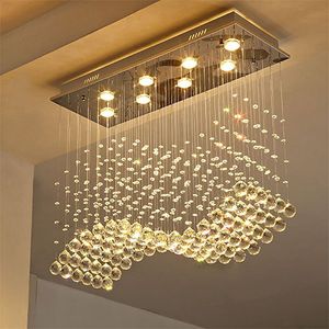 Lustre rectangulaire en cristal contemporain goutte de pluie k9 luminaire de plafond en cristal conception de vague montage encastré pour salle à manger