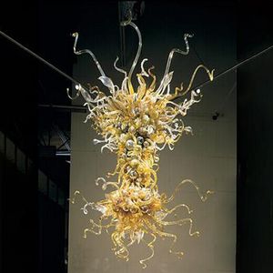 Lustre contemporain en verre soufflé à la main, grand éclairage antique, suspension haute LED, couleur ambre transparent, 28 x 56 pouces