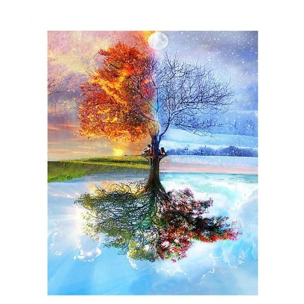 Paysage de paysage contemporain Art décoratif à quatre saison Peinture à l'huile d'arbre sur toile pour décoration murale de Noël à la maison.