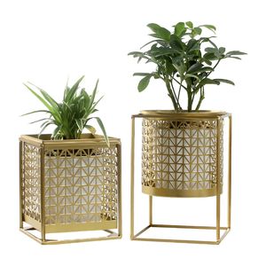 Hedendaagse metalen bloempothouder Chic Goud Black Plant Stand Modern Cilinder Cubic Varifed Rack voor thuiswoonkamer Balkon