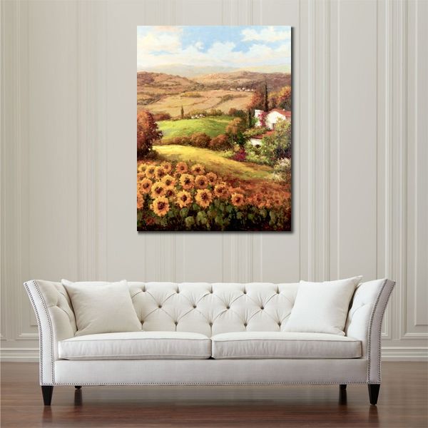 Lienzo de girasol contemporáneo, arte de pared, campo italiano, pintura al óleo pintada a mano, paisaje impresionista para decoración de cocina