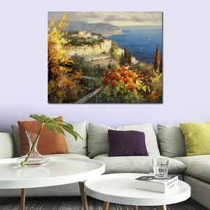 Paysage de village contemporain paysage marin méditerranéen Art de toile impressionniste fait à la main pour le mur du hall de l'hôtel