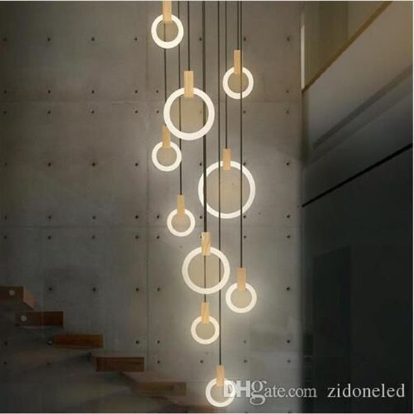 Lustre contemporain en bois LED, anneaux en acrylique, éclairage d'escalier, 3, 5, 6, 7, 10 anneaux, luminaire d'intérieur, 221e
