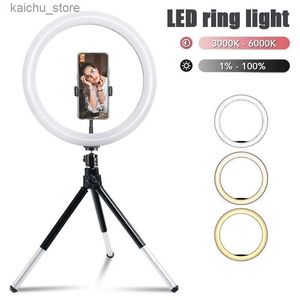 Continu Lighting 26cm LED Selfie Ring Light met Dimable LED -fotografiering Licht uitgerust met statief en telefoonstand die geschikt is voor Tiktok -video ter plaatse MA