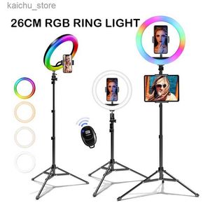 Continu -verlichting 26 cm RGB Selfie Ring LED -licht met telefoontablet PC Stand Tripod Fotografie Studio Ring Licht Tiktok YouTube Make -up Y240418