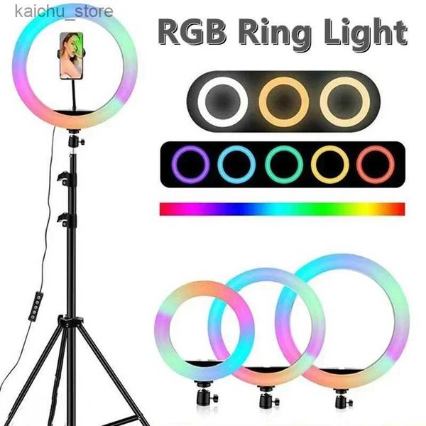 Iluminación continua de 8/10 pulgadas anillo de selfie rgb trípode soporte para teléfono fotografía anillo de anillo de relleno circular de color led color led maquillaje plisado y240418