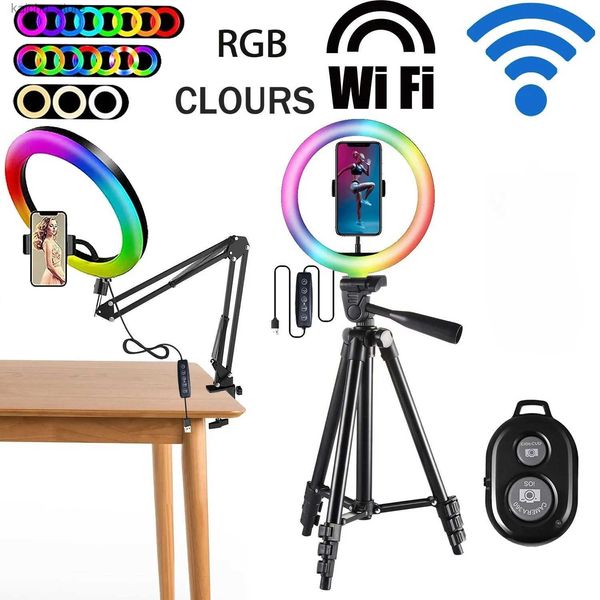 Éclairage continu RGB Couleur Soft Ring Light Photography Selfie Ring Light Circular Light With Desktop Long Arm Tablet Tripod Tépied Téléphone Y240418