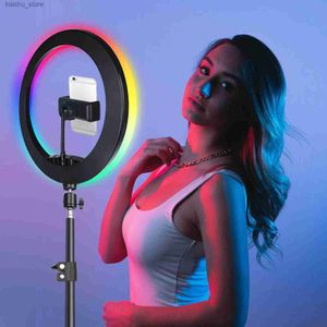 Continu Lighting Self Portret Ring Light 10 inch RGB met statief beugel gevulde LED -ringlicht Mobiele telefoon Foto Ring Licht Realtime Video Shooting Makeup Ring L