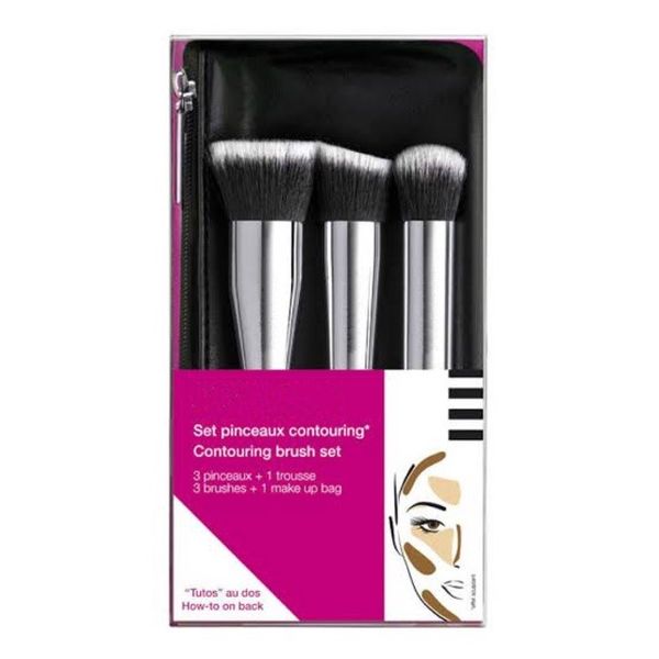 Juego de brochas para contorno, 3 brochas para contorno facial + 1 bolsa de cadena de maquillaje, esculpido facial, resaltado, cosméticos, herramientas de cepillado, acabado sin costuras, kit de brochas de maquillaje en polvo