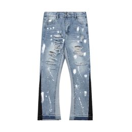 Contra kleur graffiti geschilderde pantalones hombre baggy jeans voor mannen gerafeld gat rechte y2k noodlijdende denim broek oversized 240507